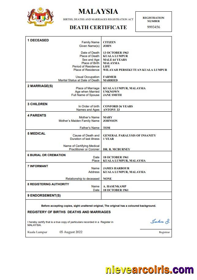 Malaysia death certificate